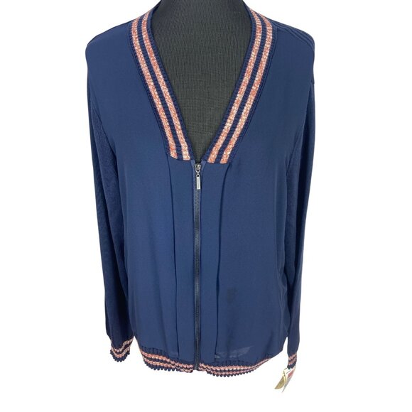 Democracy Knit Navy Blue NWT Size‎ XL Orange Trim Zippered Jacket Knit Sleeves - Picture 1 of 10